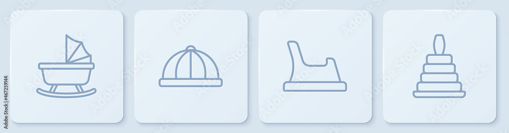 Set line Baby stroller, potty, hat and Pyramid toy. White square button. Vector