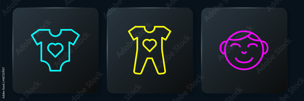 Set line Baby clothes, Little boy head and . Black square button. Vector