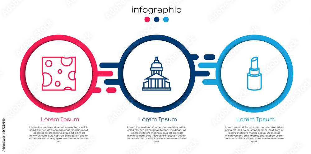 定格奶酪、博物馆建筑和口红。商业信息图形模板。矢量