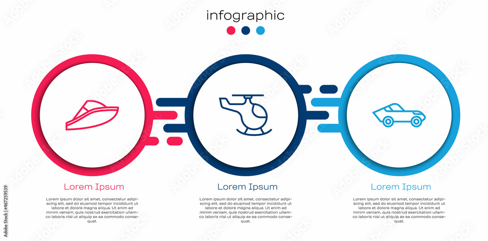 Set line Speedboat, Helicopter and Car. Business infographic template. Vector