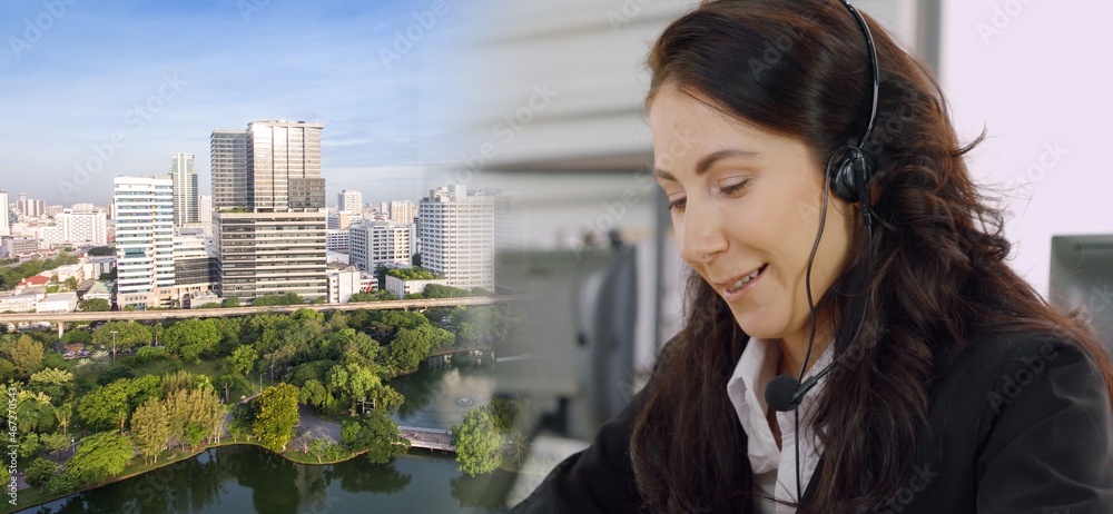 Business people wearing headset working in office to support remote customer or colleague. Call cent