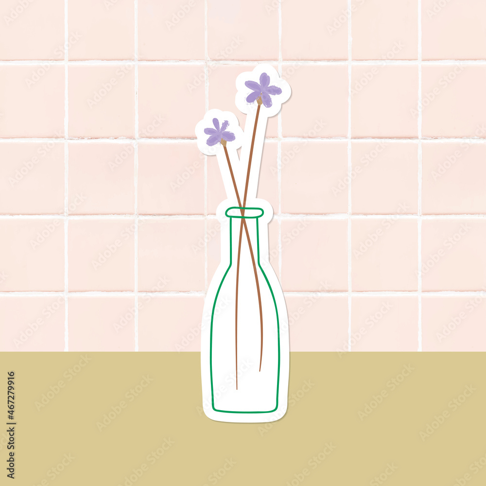 Purple doodle flowers in vase sticker on tile background vector