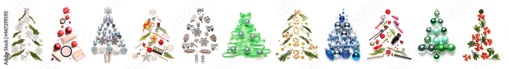 Christmas tree made of coniferous branches and decorations on white background