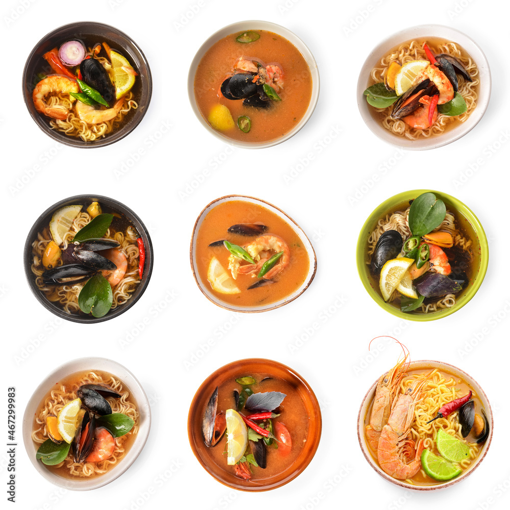 Collection of spicy Thai soups on white background