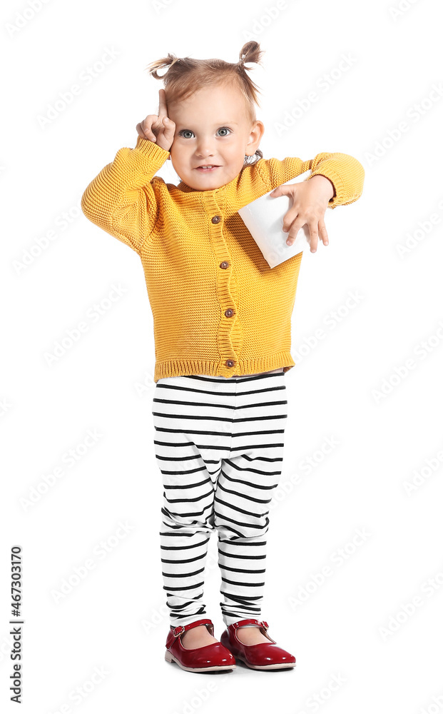 Cute baby girl with toilet paper on white background