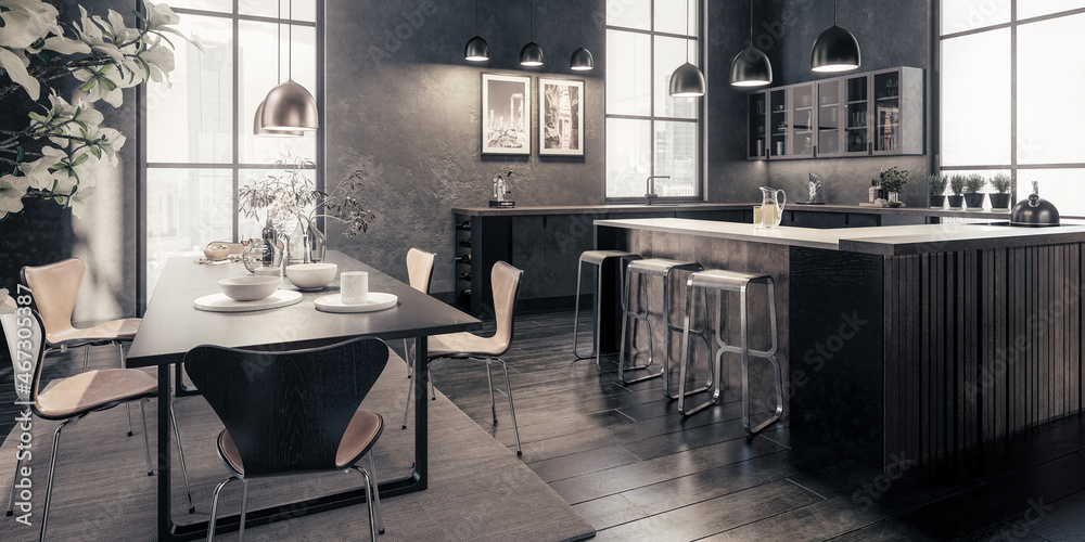 Furnishing Inside a Modern Stylish Panorama Loft Apartment - panoramic black and white 3D Visualizat