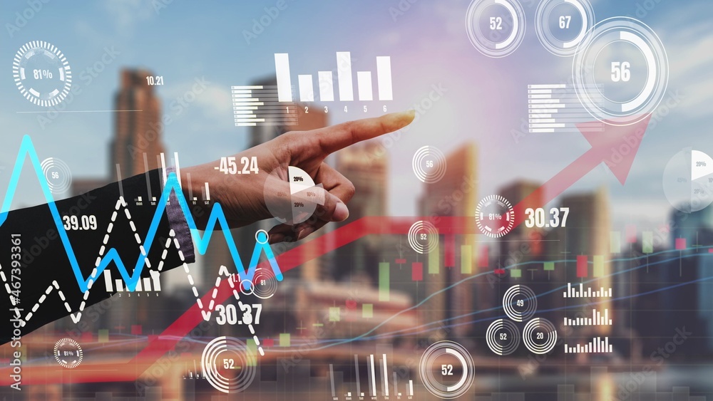 Double Exposure of Business and Finance Conceptual - Businessman with report chart up forward to fin