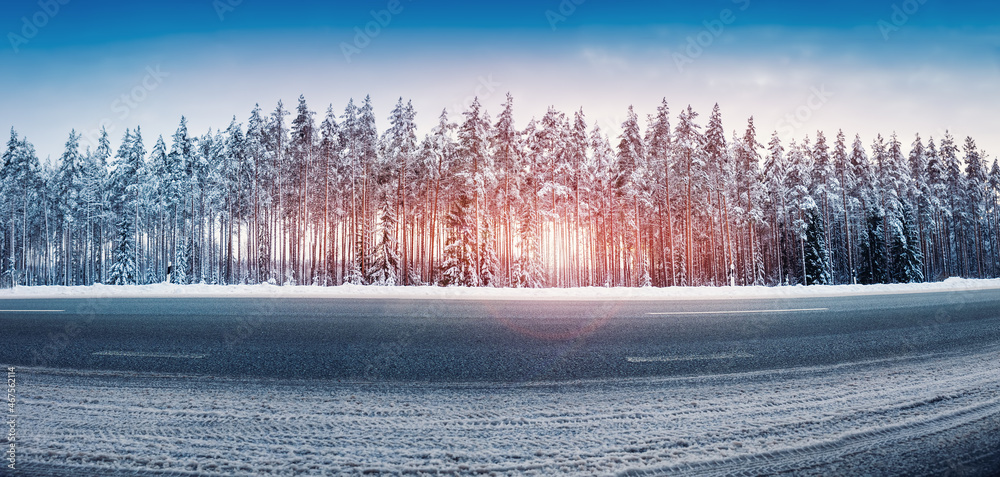 Panoramic view of the beautiful country road in winter.