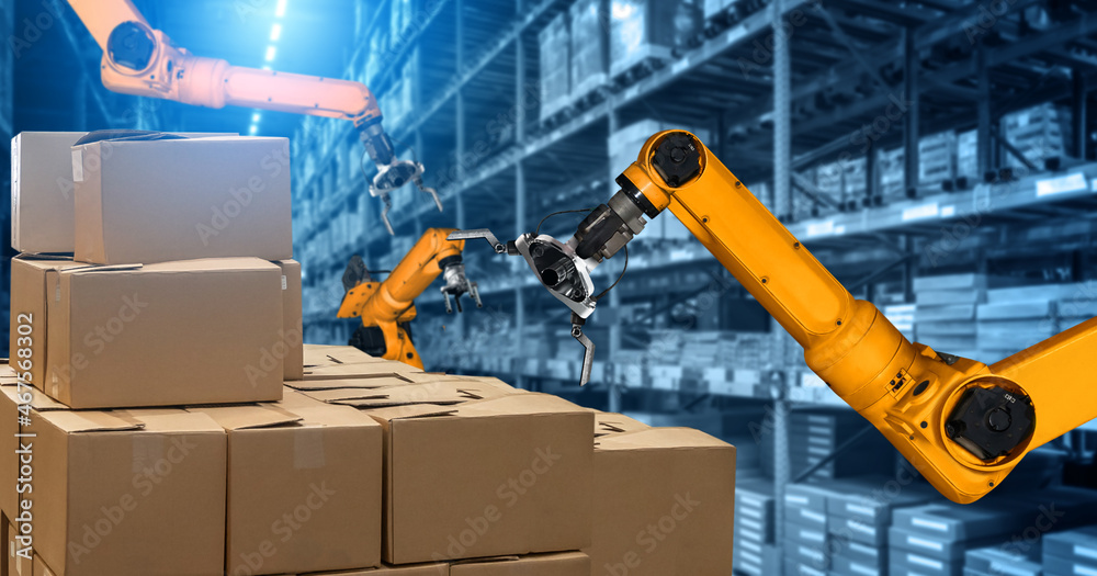 Smart robot arm system for innovative warehouse and factory digital technology . Automation manufact