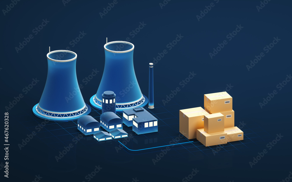 Chimney and boxes with blue background, 3d rendering.