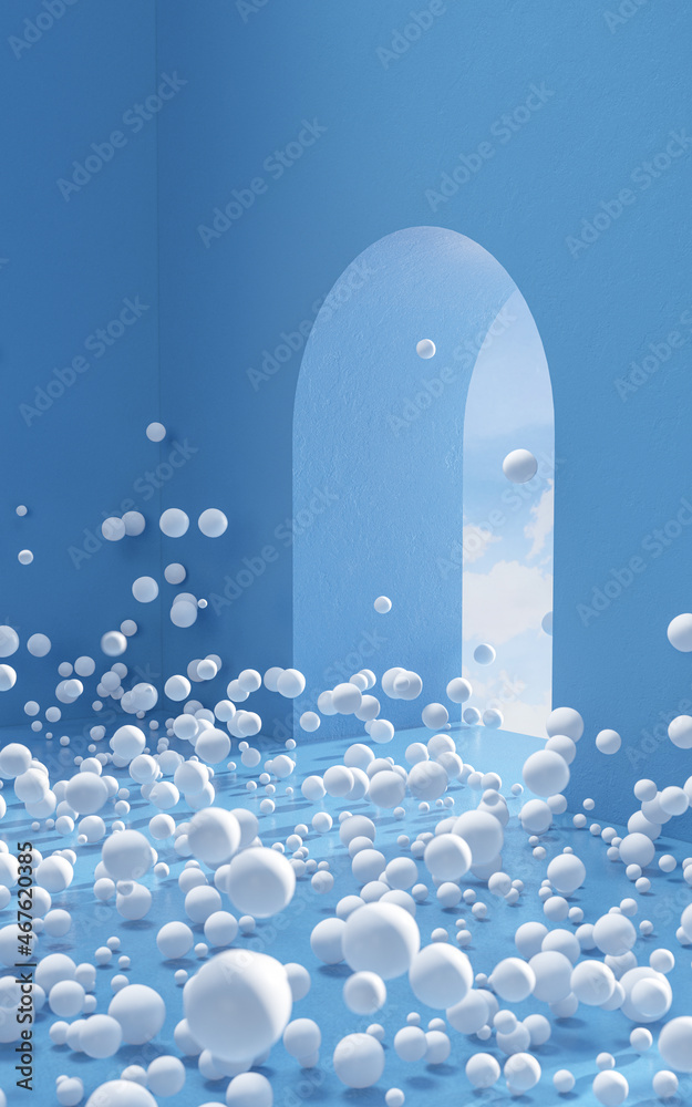 Lots of white balls in a blue room, 3d rendering.