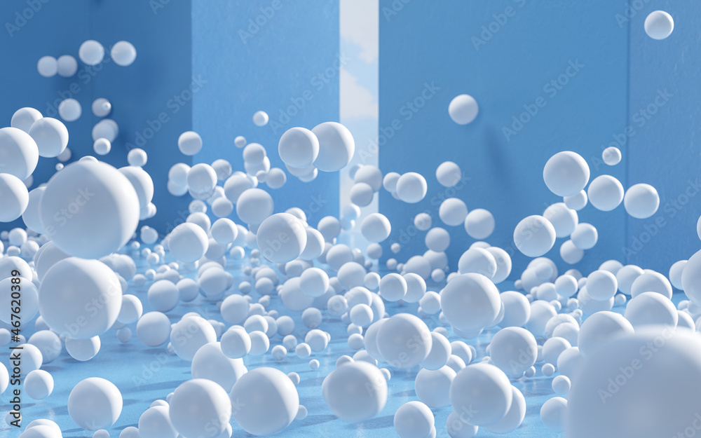 Lots of white balls in a blue room, 3d rendering.