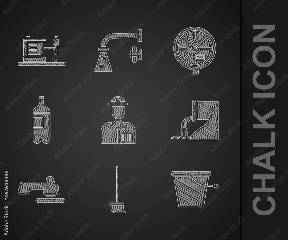 设置水管工、拖把、水桶、废水、水龙头、水瓶、电表和电动泵图标。矢量
