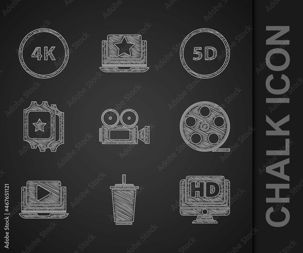 Set Cinema camera, Paper glass with water, Monitor HD video, Film reel, Online play, ticket, 5d virt