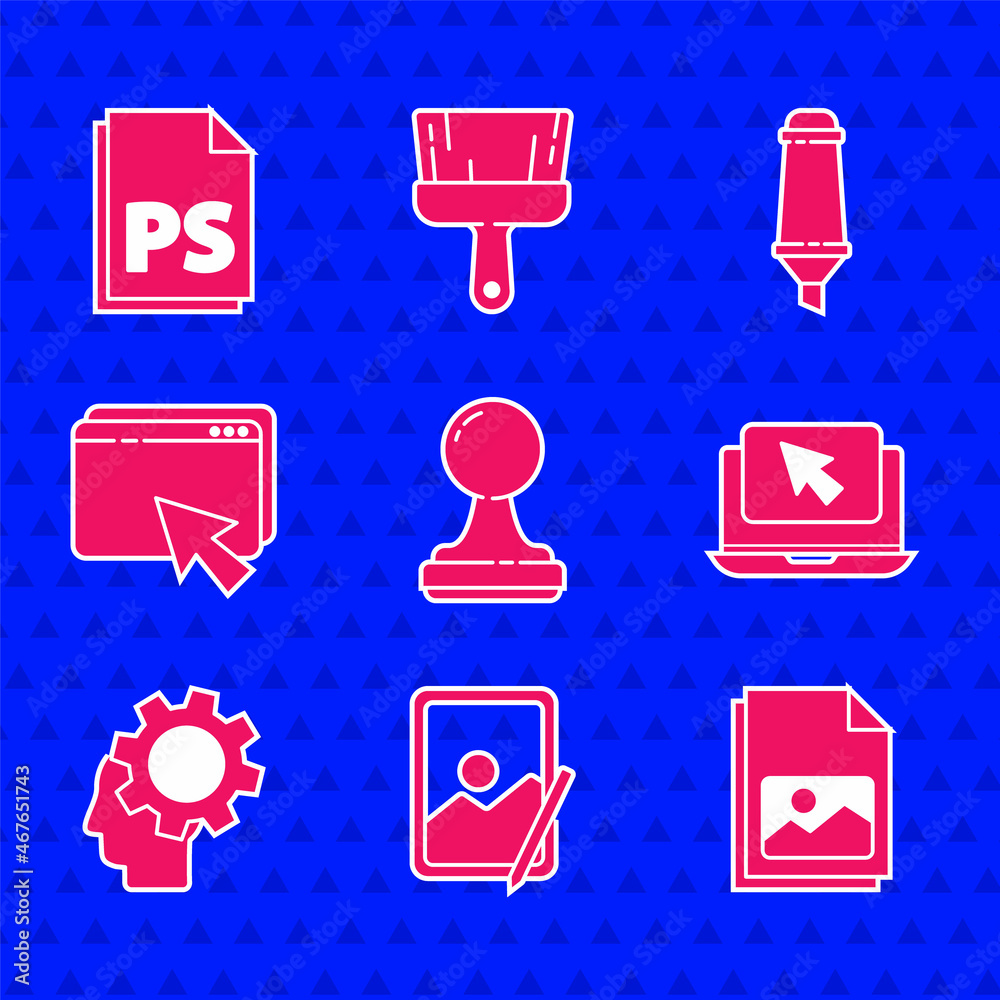 Set Stamp, Graphic tablet, Picture landscape, Laptop cursor, Human head with gear inside, Web design