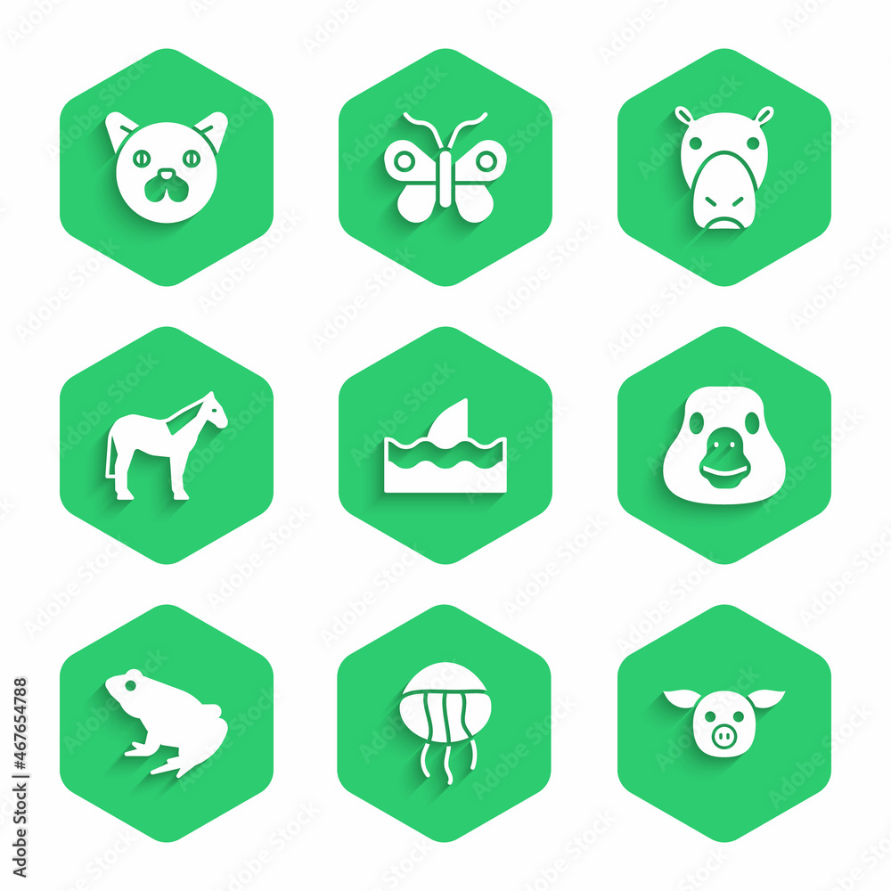 Set Shark fin in ocean wave, Jellyfish, Pig, Goose bird, Frog, Horse, Hippo Hippopotamus and Cat ico