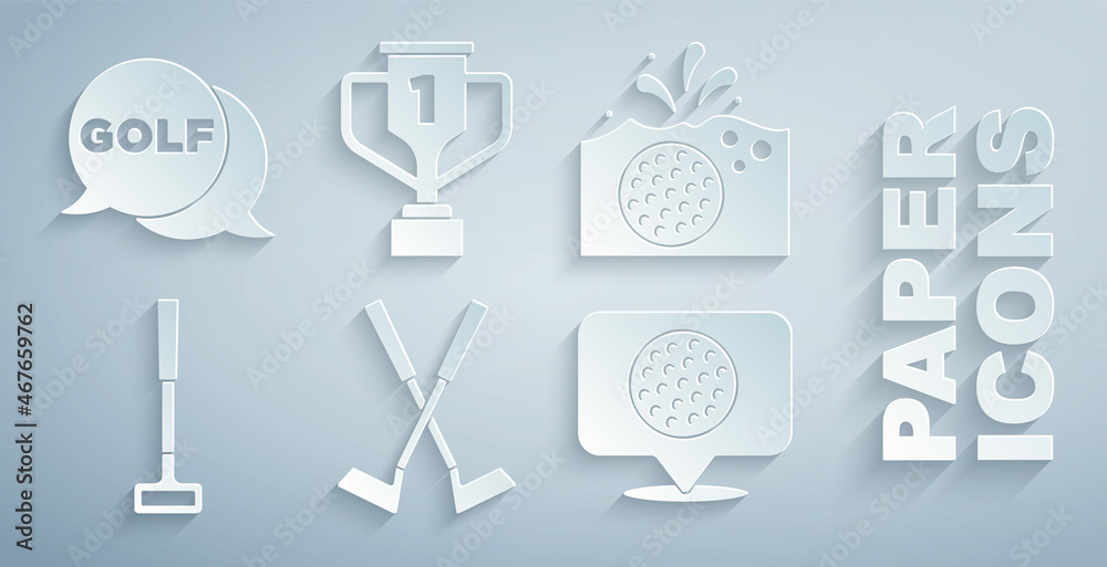 Set Crossed golf club, Golf ball in water, label, Award cup with and icon. Vector