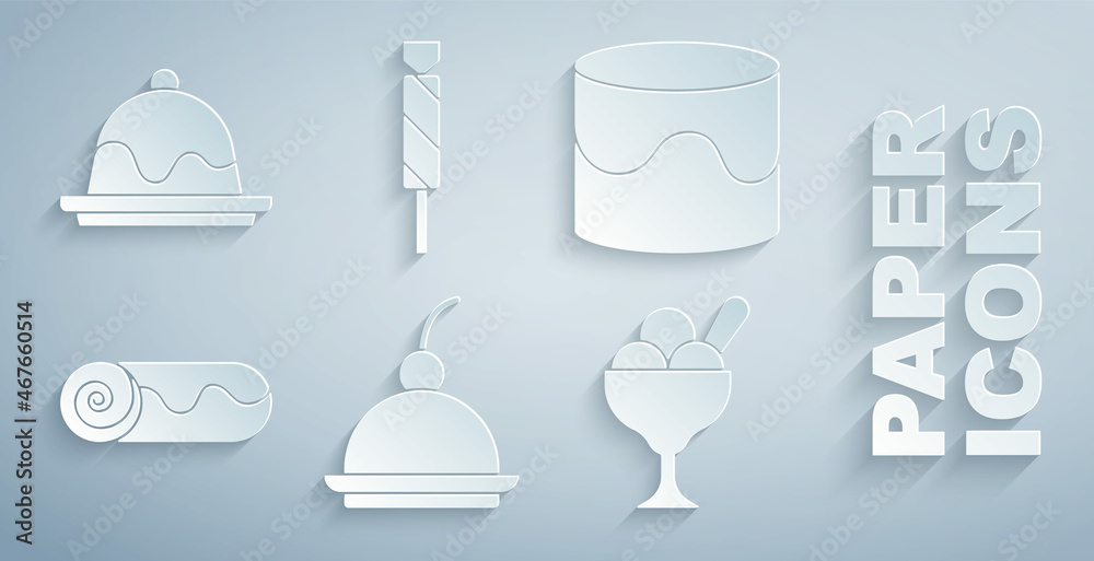 Set Cherry cheesecake, Cake, Chocolate roll, Ice cream in bowl, Candy and icon. Vector