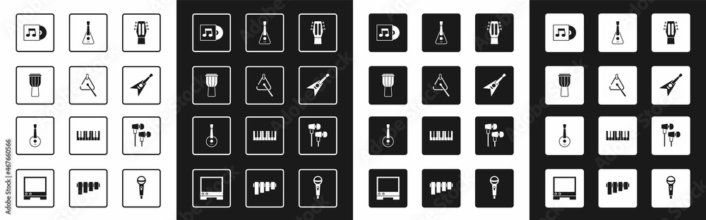 Set Guitar, Triangle, Drum, Vinyl disk, Electric bass guitar, Air headphones and Banjo icon. Vector