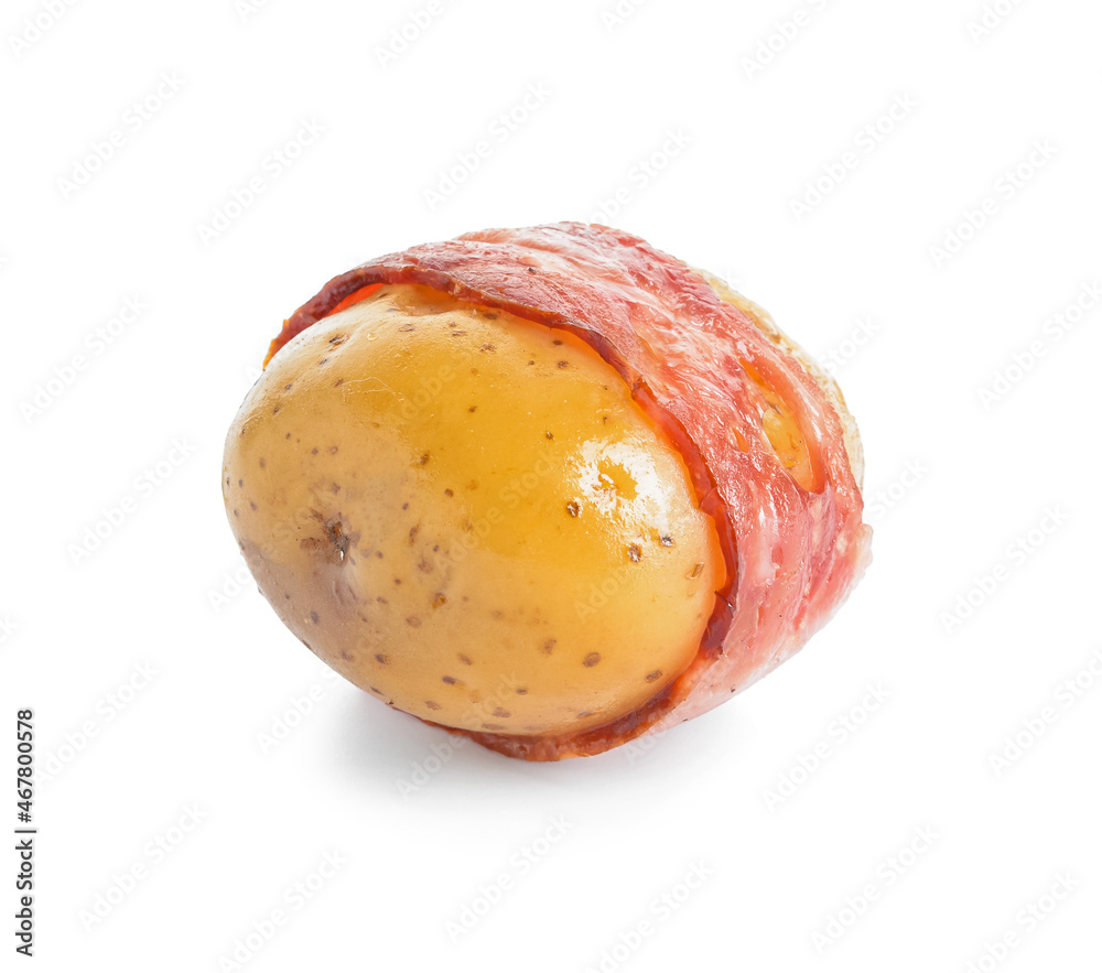 Tasty baked potato with bacon on white background