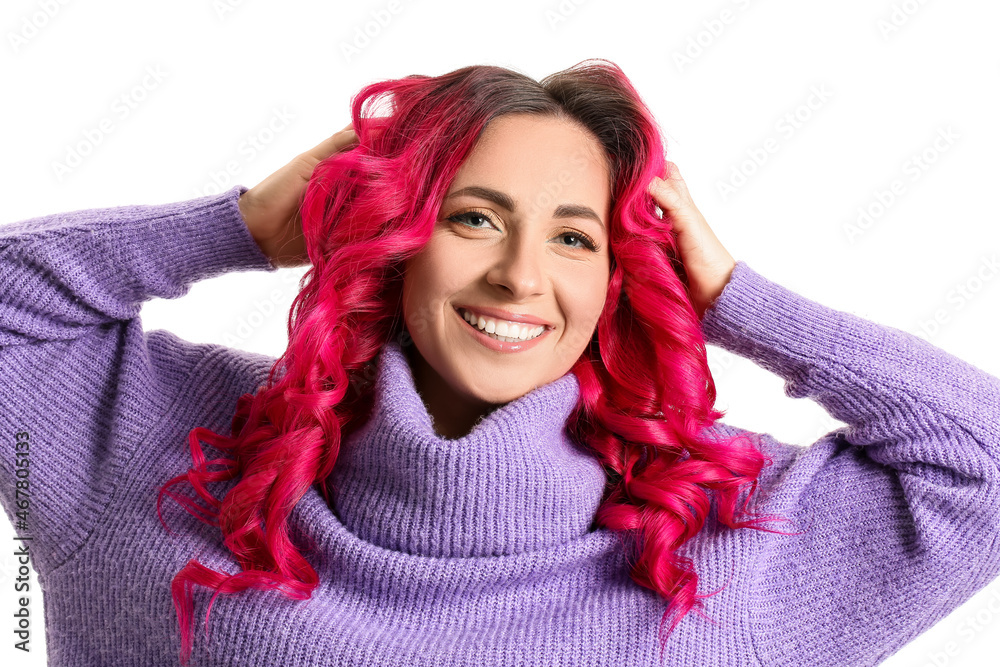 Beautiful woman with unusual bright hair color on white background