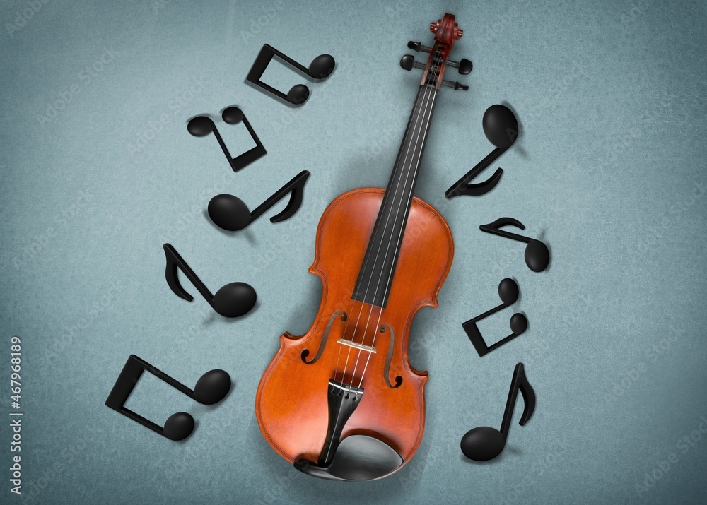 Classic Violin with music notes on desk background