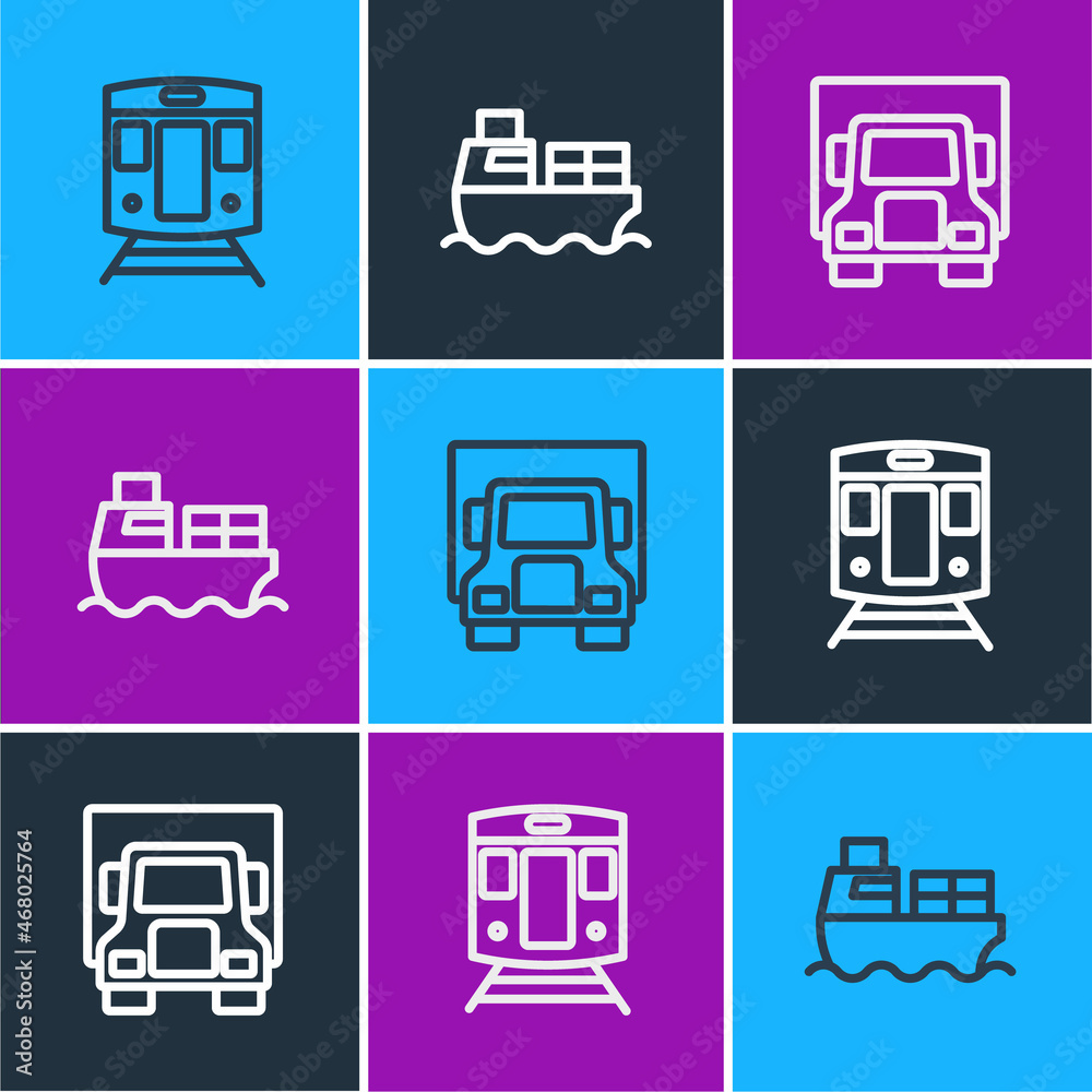 Set line Train and railway, Delivery cargo truck and Cargo ship with boxes delivery icon. Vector