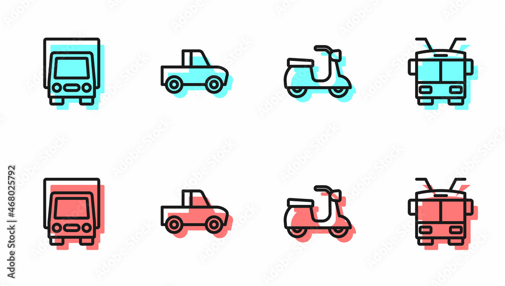 Set line Scooter，Delivery cargo truck，皮卡和有轨电车图标。Vector