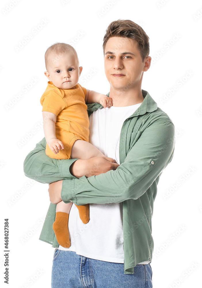 Young father with little baby on white background