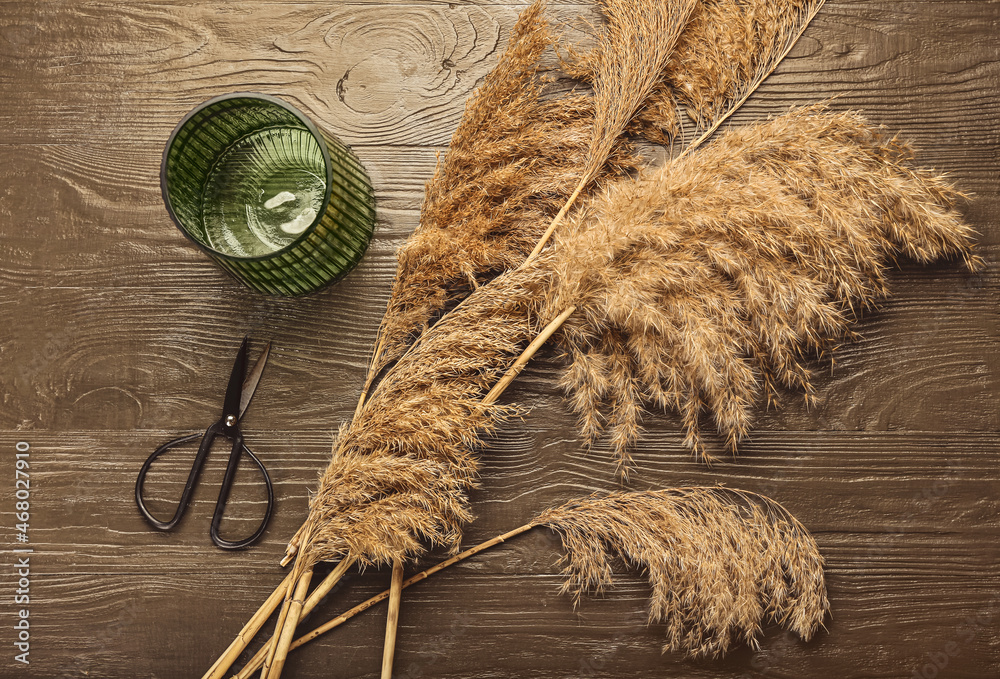 Dry reeds, vase and scissors on wooden background