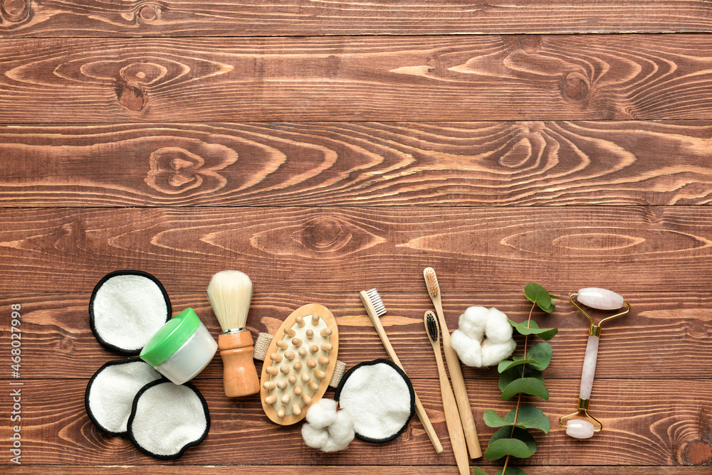 Set of bath supplies on wooden background