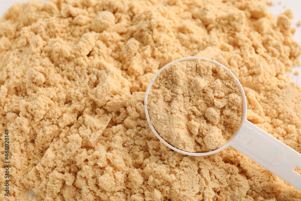 Measuring scoop with protein powder, closeup