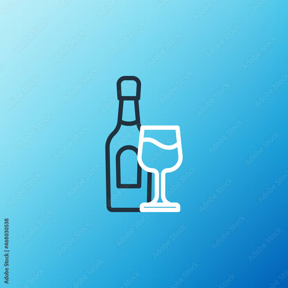 Line Wine bottle with glass icon isolated on blue background. Colorful outline concept. Vector