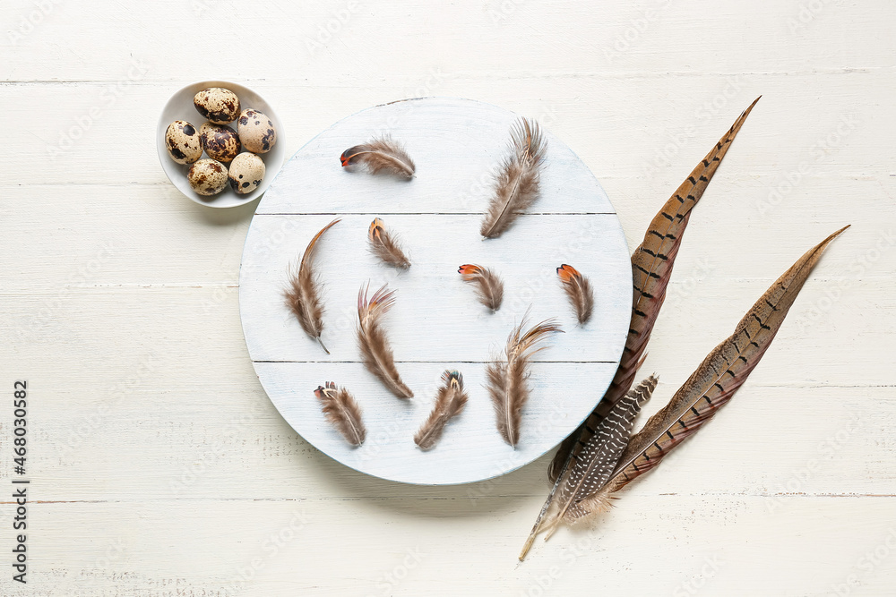 Beautiful pheasant feathers and eggs on white wooden background