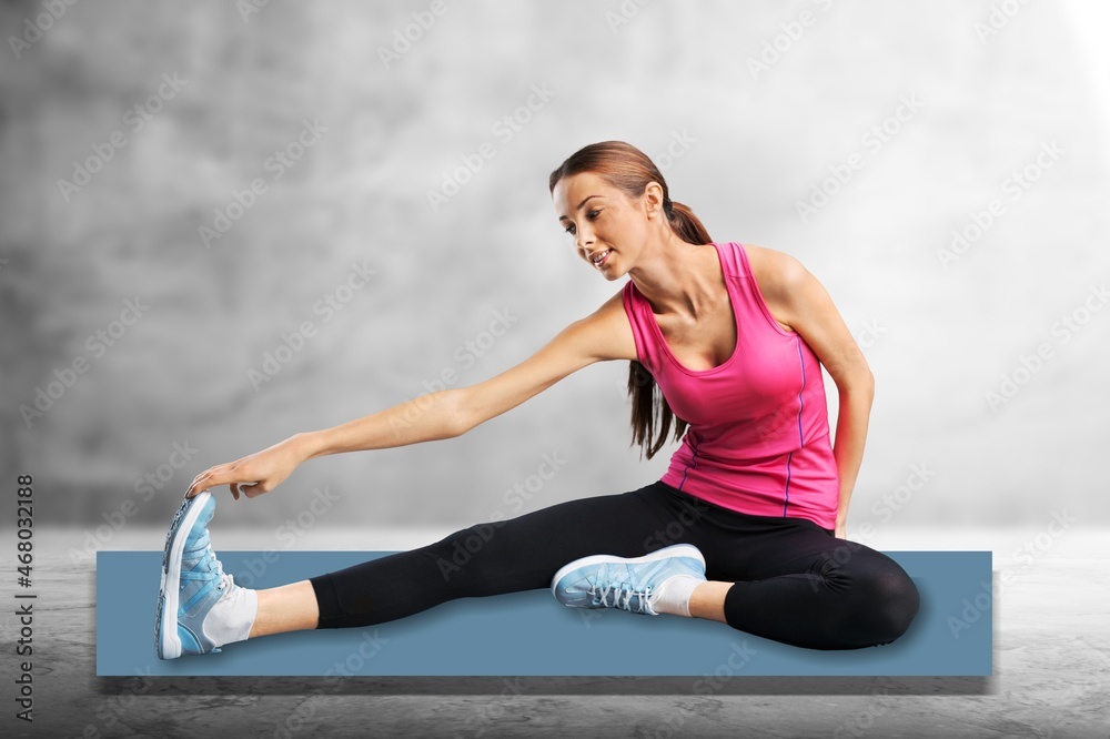 Relief Lower Back Pain. Smiling Woman Doing Excercising At Fitness Studio