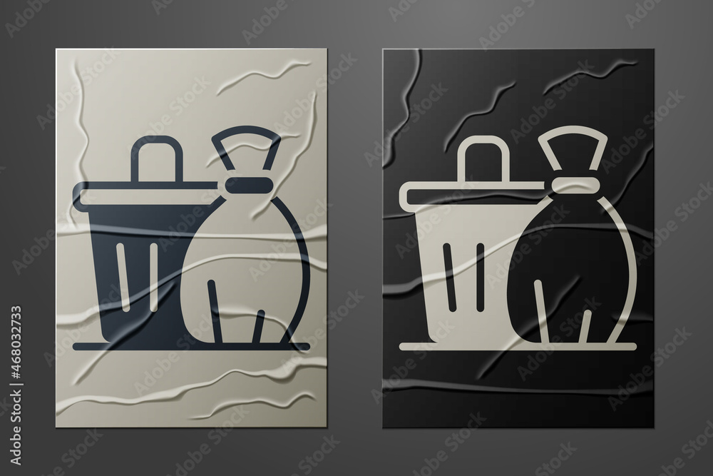 White Trash can icon isolated on crumpled paper background. Garbage bin sign. Recycle basket icon. O