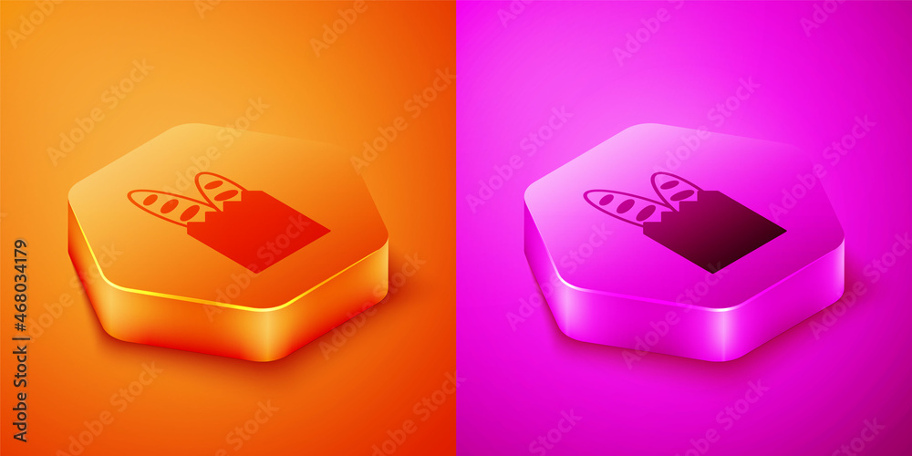 Isometric French baguette bread icon isolated on orange and pink background. Hexagon button. Vector