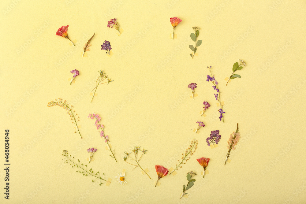 Composition with dried pressed flowers on beige background