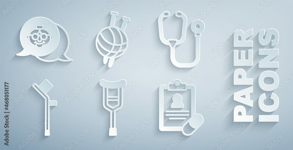 Set Crutch or crutches, Stethoscope, Medical prescription, Yarn ball with knitting needles and Grand