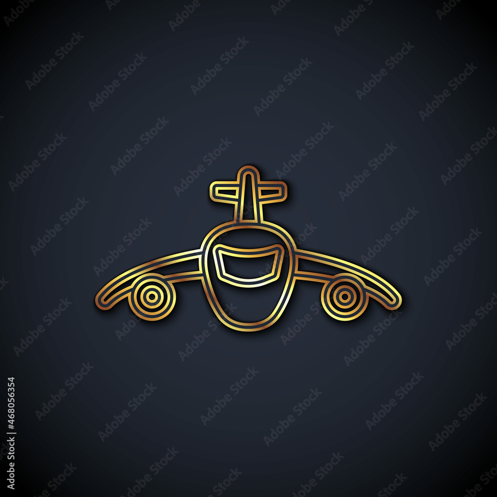 Gold line Plane icon isolated on black background. Flying airplane icon. Airliner sign. Vector