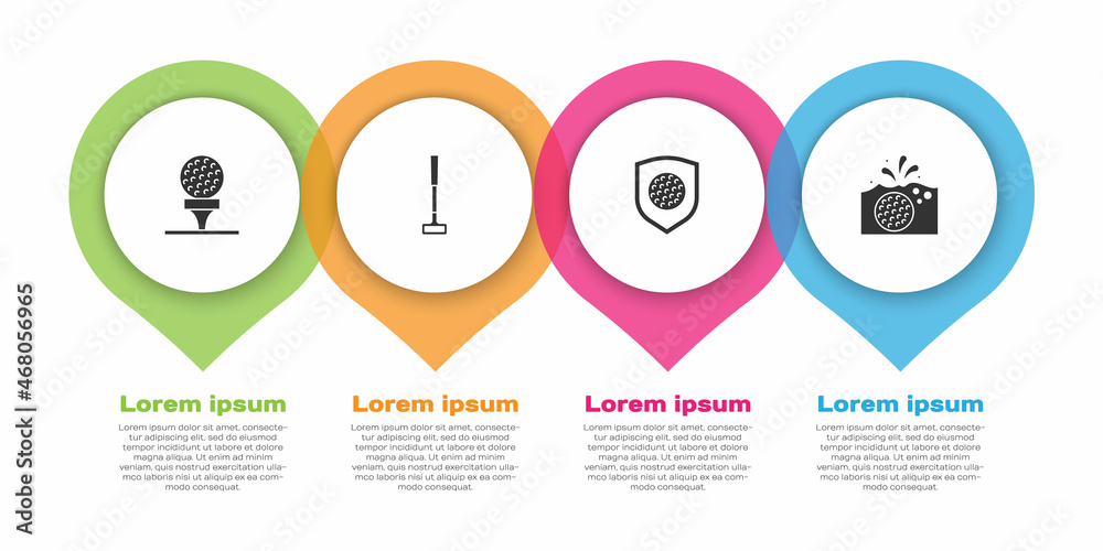 将高尔夫球放在球座、球杆、带盾和水中。商业信息图模板。矢量