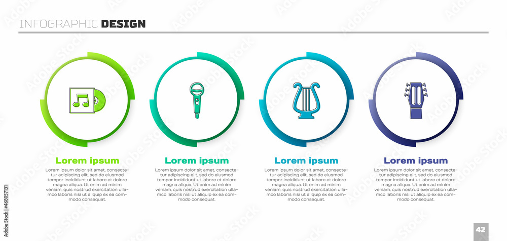 套装乙烯基唱片、麦克风、古代七弦琴和吉他。商业信息图模板。矢量