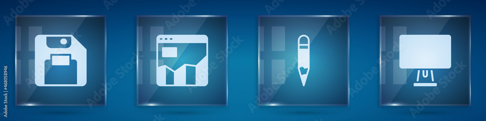 Set Floppy disk, Graph chart infographic, Pencil and Computer monitor. Square glass panels. Vector