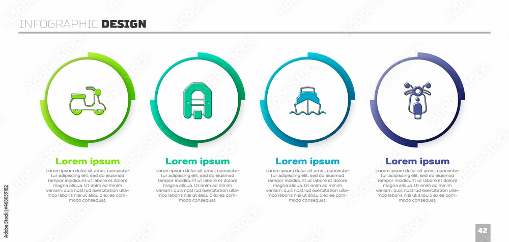 设置滑板车、漂流船、游轮和。商业信息图模板。矢量
