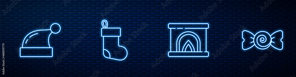 Set line Interior fireplace, Christmas Santa Claus hat, stocking and Candy. Glowing neon icon on bri