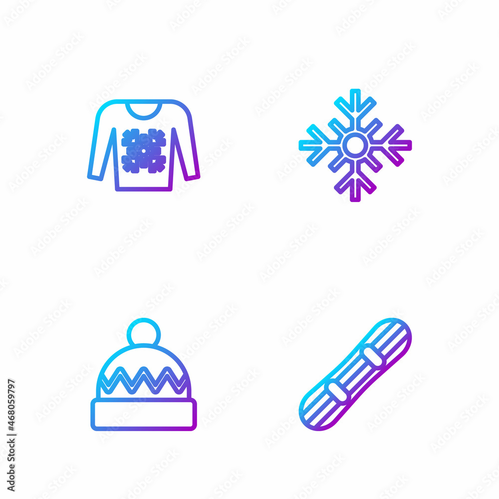 Set line Snowboard, Winter hat, Christmas sweater and Snowflake. Gradient color icons. Vector