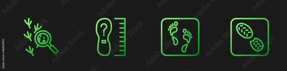 Set line Human footprint, Bird, Square measure size and footprints shoes. Gradient color icons. Vect