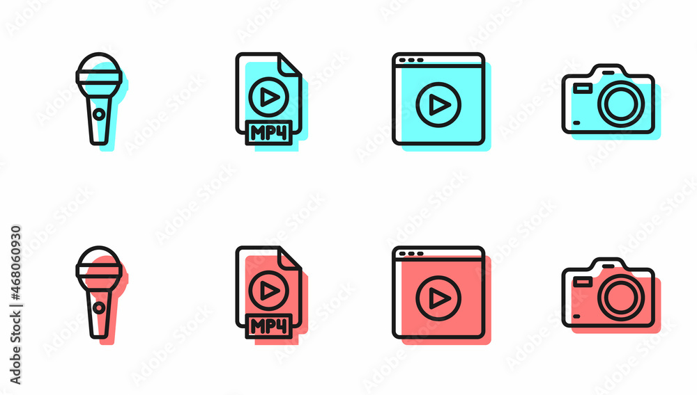 Set line Online play video, Microphone, MP4 file document and Photo camera icon. Vector