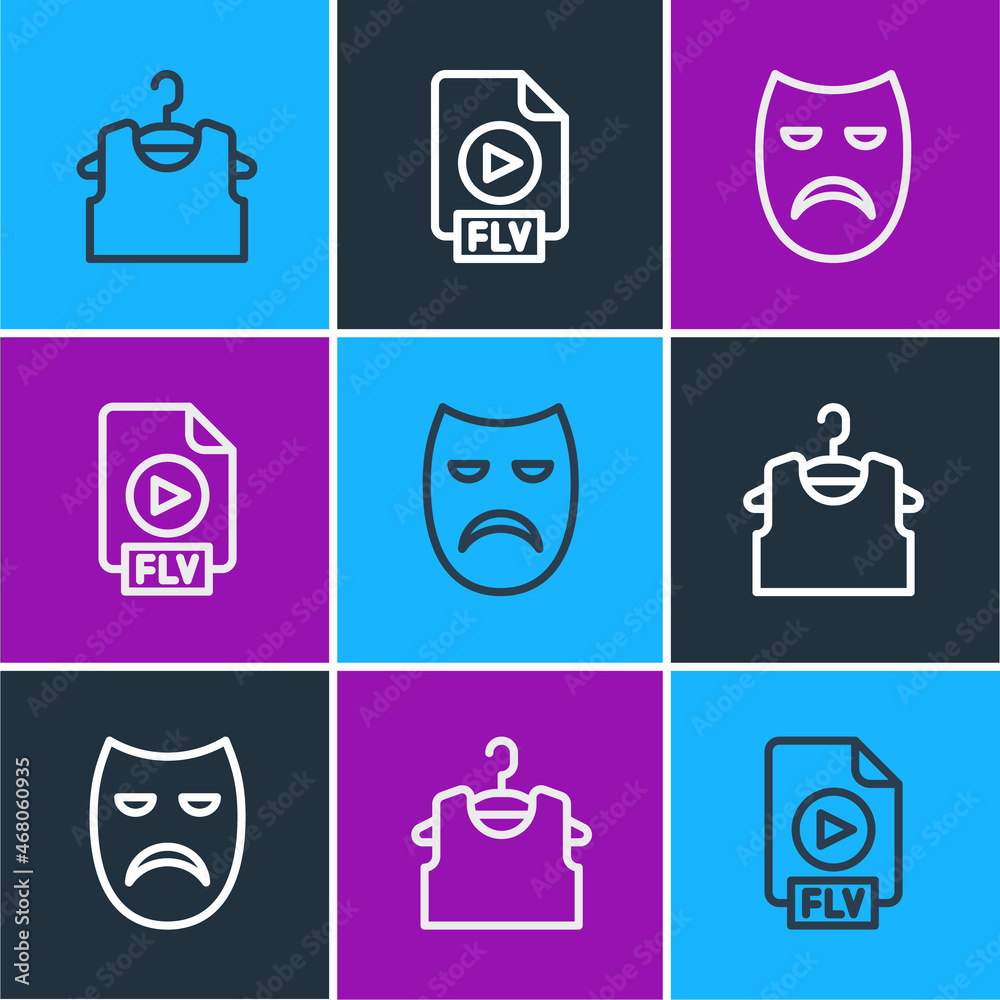 Set line Sleeveless T-shirt, Drama theatrical mask and FLV file document icon. Vector