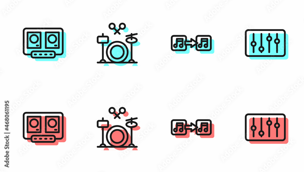 Set line Music note, tone, DJ remote and mixing music, Drums and Sound mixer controller icon. Vector